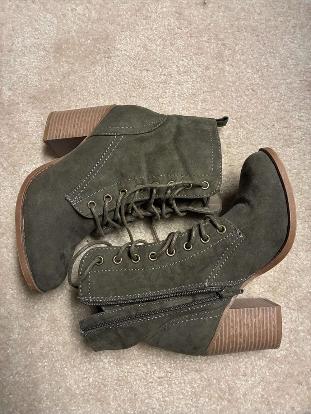 Lace-Up Olive Block Heel Ankle Boots
